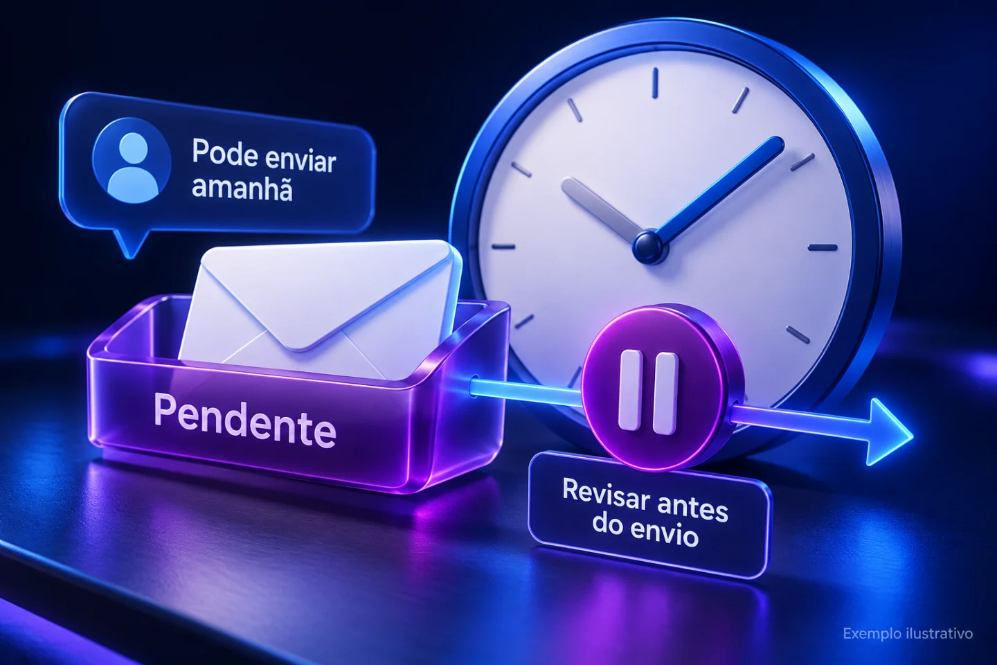 Ilustração 3D: O cliente pede uma orientação para amanhã, e a equipe deixa uma mensagem pendente para o horário combinado.