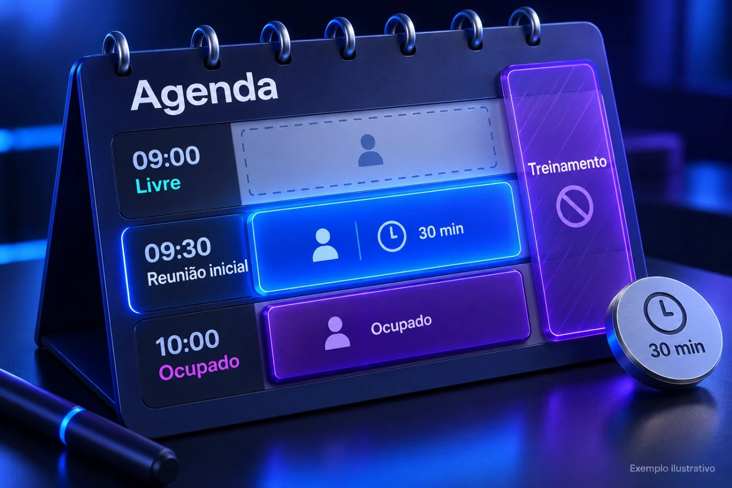 Ilustração 3D: A agenda da consultoria oferece reuniões iniciais de 30 minutos, das 9h às 12h, de segunda a sexta, para uma pessoa por horário.