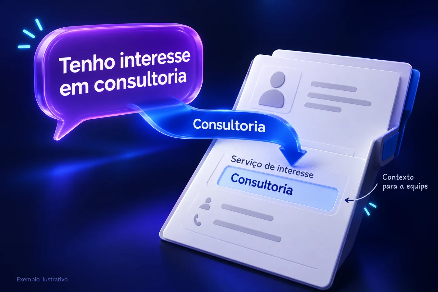 Ilustração 3D: A pessoa informa interesse em consultoria na conversa.